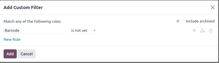 'Add Custom Filter' pop-up with 'Barcode is not set' configured.