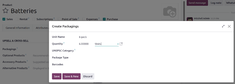 Create a new packaging in the Create Packagings box.