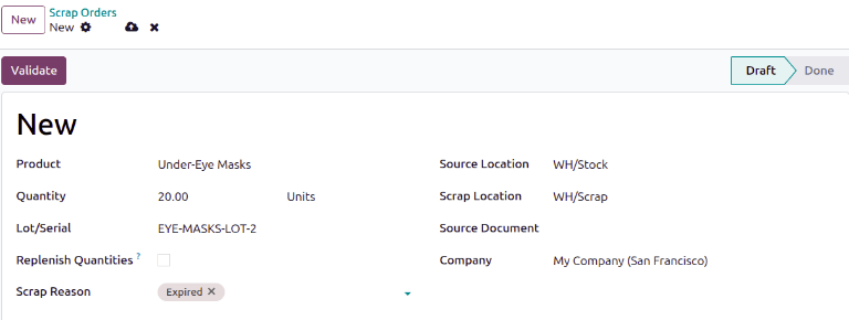Specify the Product, Quantity, and Scrap Location.
