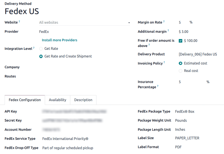 The form for a FedEx delivery method.