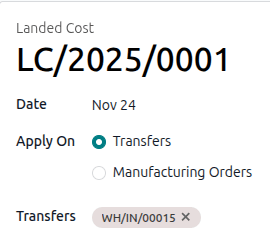 Landed cost form with selected receipt transfer.