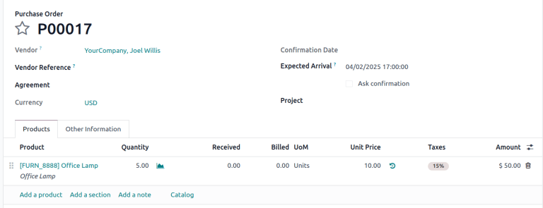Example PO. The Vendor is the seller's portal user account, Joel.