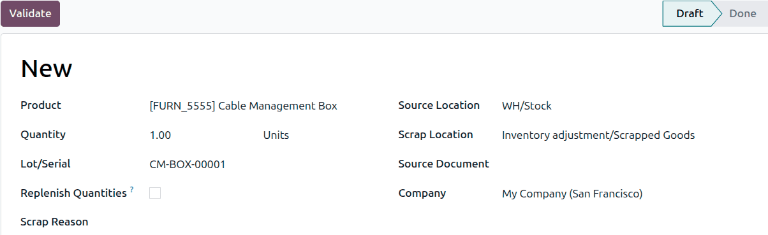 Filled out new scrap order form with product details.