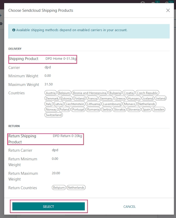 Example of shipping products configured in Axis.
