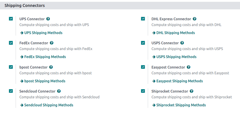 Options of available shipping connectors in Axis.
