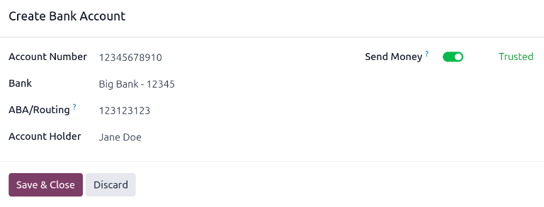 The Create Bank Account form with all the information filled out.