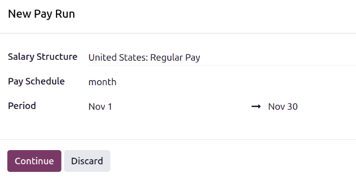 A monthly pay run configured for November.