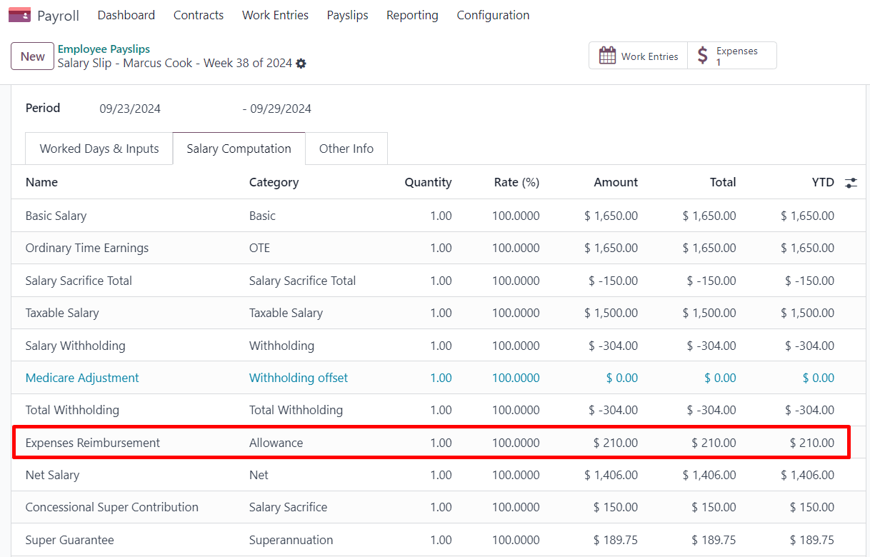 The expense reimbursement on a payslip.