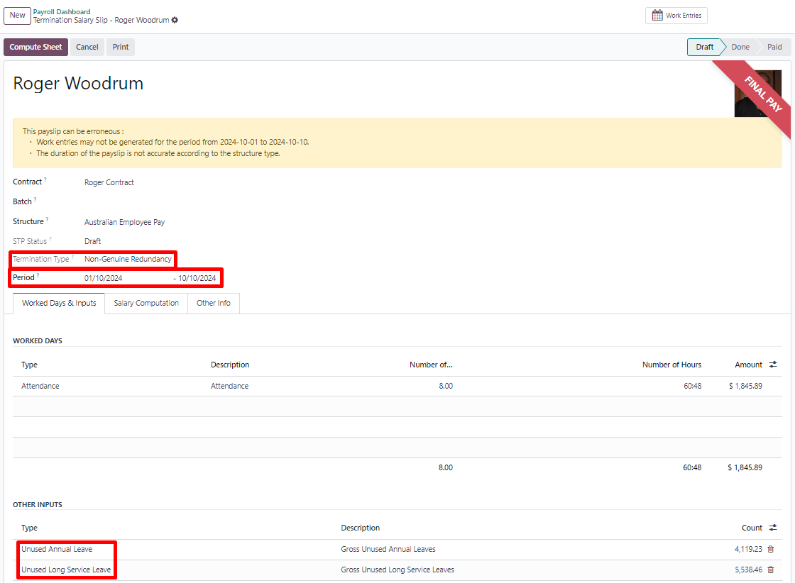 Example of an out-of-cycle payslip of a terminated employee.