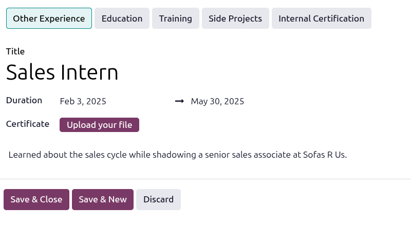 A resumé entry form with all the information populated.