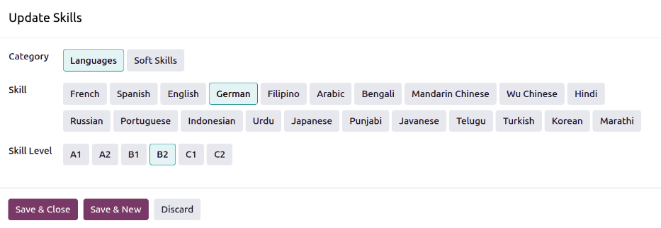 A skill form with the information filled out.