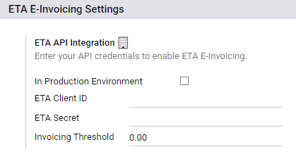 Configuration of the ETA E-Invoicing credentials in Axis Accounting