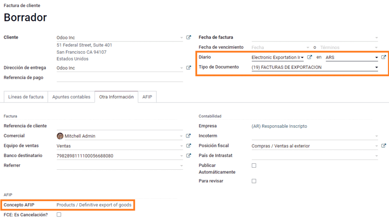 Export invoice fields autofilled in Axis.