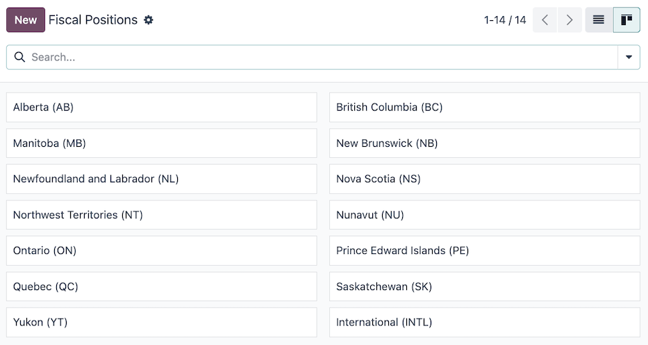 The default fiscal positions for the Canada localization in Axis Accounting.