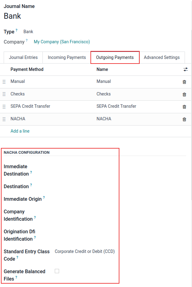 NACHA (National Automated Clearing House Association) configuration settings on Axis.
