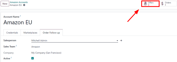 The Amazon Offers smart button on the account form in Axis Sales.
