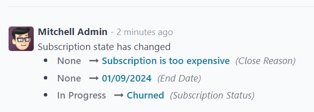 The chatter of a churned sales order for a closed subscription in Axis Subscriptions.