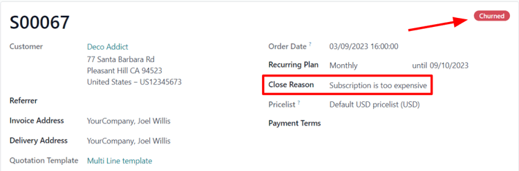 A churned sales order for a closed subscription in Axis Subscriptions.