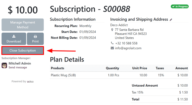 Close subscription button on a customer's view of a sales order in Axis Subscriptions.