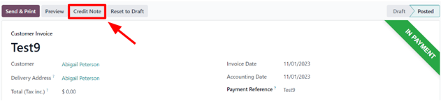 A typical customer invoice with a Credit Note button highlighted in Axis Sales.