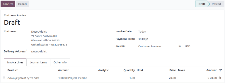 A sample draft invoice with down payment mentioned in Axis Sales.