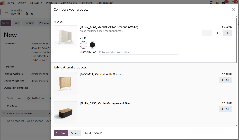 A screen from the quotation process shows how optional products appear as a pop-up window.