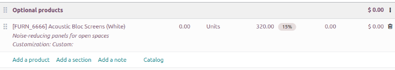 An optional products section with the quanitty and corresponding amount set to 0.