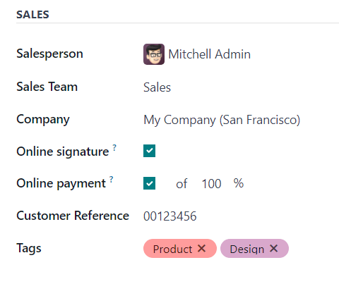 The Sales section of the Other Info tab of a quotation form in Axis Sales.
