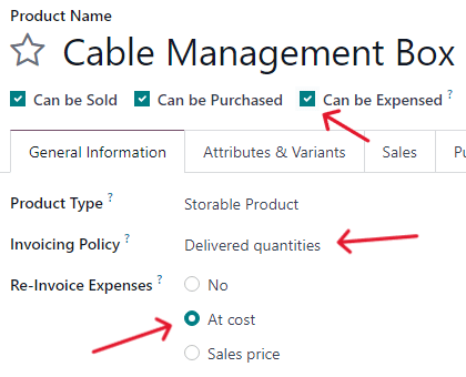 Product settings for a purchase order to be invoiced on a sales order in Axis.