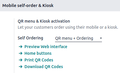 QR menu and kiosk setting activation