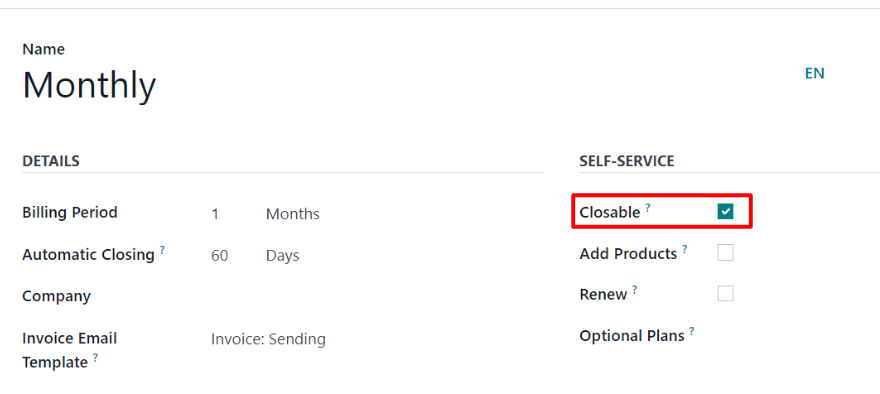 The Closable option on a recurring plan form in Axis Subscriptions.
