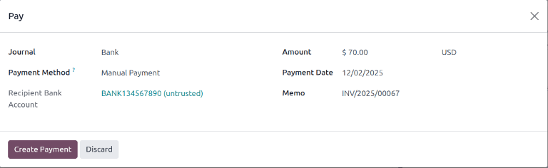 Showcase of the Pay pop-up window with create payment button.