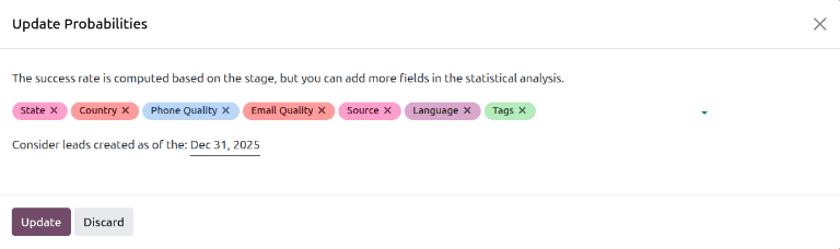 The Update Probabilities window in the Predictive Lead Scoring settings.