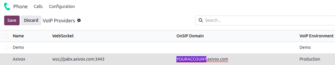 Axivox configuration settings in the *Axis Phone* app.