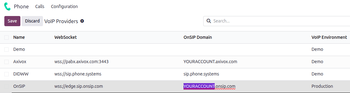 OnSIP configuration settings in the *Axis Phone* app.