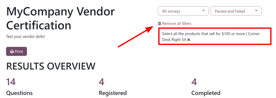The applied filter on the 'See results' page in the Axis Surveys application.