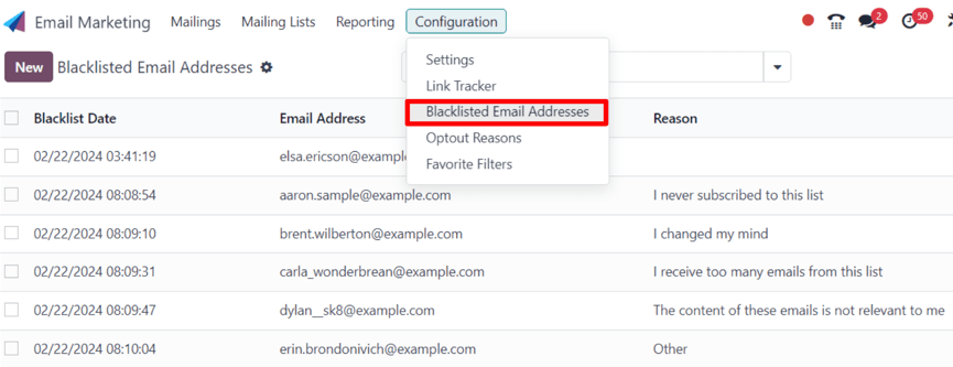 View of the blacklisted email addresses page in Axis Email Marketing.