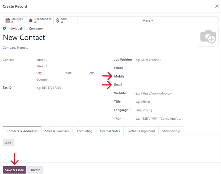 A blank contact form from a launch test pop-up window in Axis Marketing Automation.