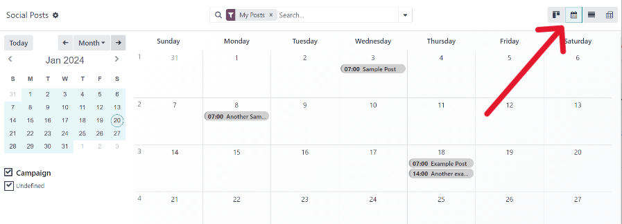 Example of the calendar view in Axis Social Marketing.