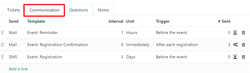 Typical communication tab on an event form in the Axis Events application.
