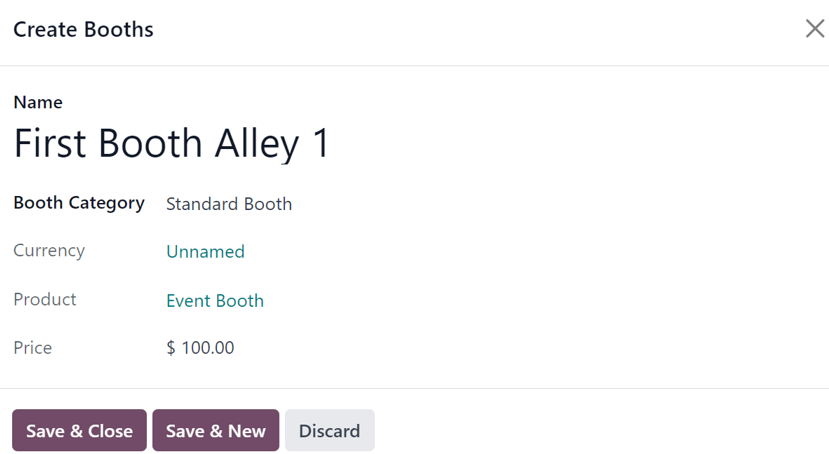 A Create Booths pop-up window in the Axis Events application.