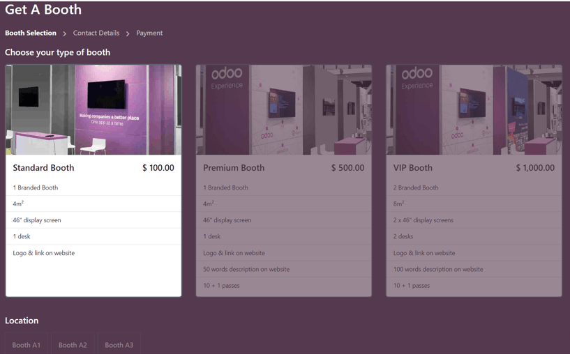 Typical Get A Booth page on the event website via the Axis Events app.