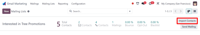 The import contacts button of a mailing list line in Axis Email Marketing.