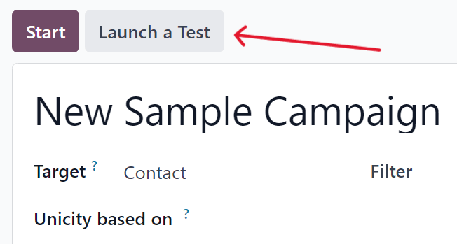 Launch a test button on a campaign detail form in Axis Marketing Automation.