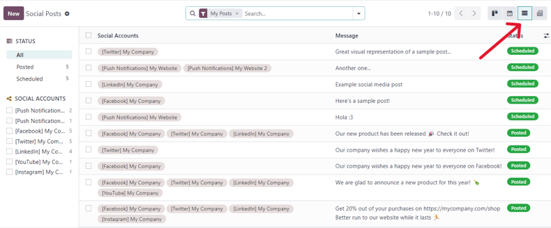 View of the list option on the posts page in Axis Social Marketing.