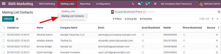 View of the mailing lists contact page in the Axis SMS Marketing application.