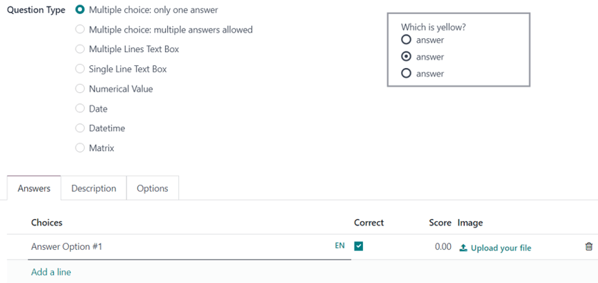 The answer tab with a multiple choice answer option selected in Axis Surveys.