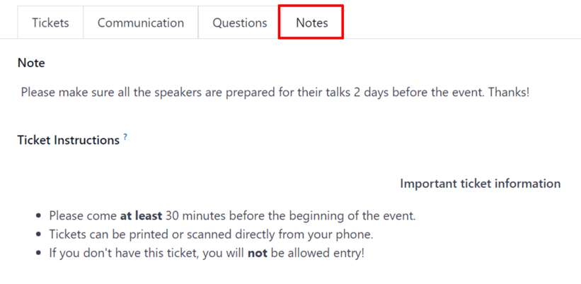 Typical notes tab on an event form in the Axis Events application.