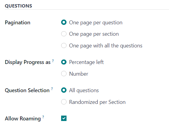 The Questions section of the Options tab on a survey form in Axis Surveys.
