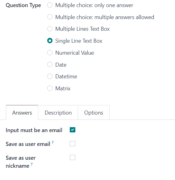 The Single Line Text box question type answers tab in Axis Surveys.